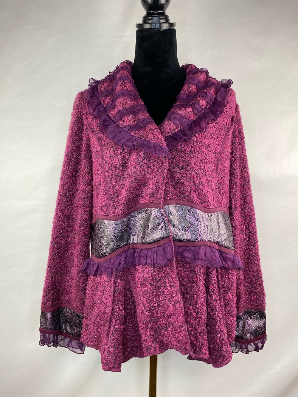 Tivoli Limited Edition Magenta Bouclé Ruffle Jacket Faux Leather Floral Size XL